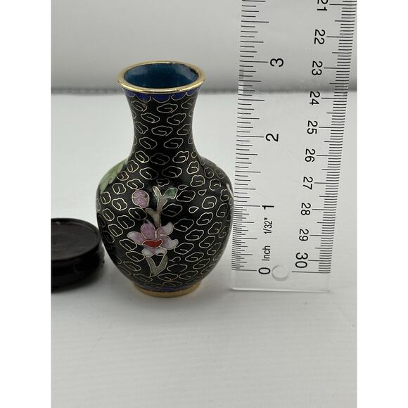 Vintage Mini Chinese Enameled Cloisonne Vase w/ Stand 3 inch Black Floral Blue - Picture 6 of 7